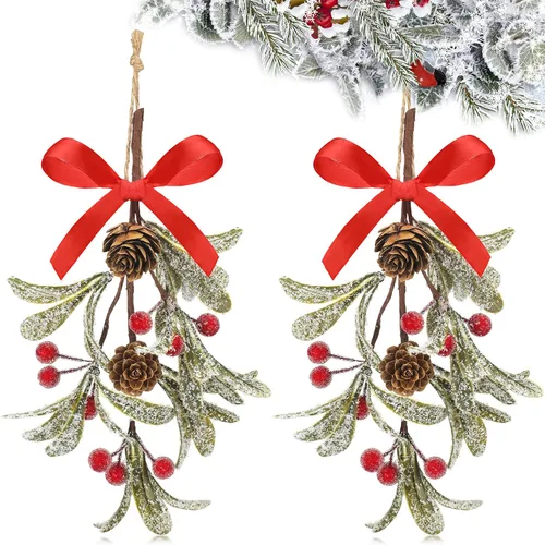 Miniatura 6 de Giegxin 1 pieza Adorno de Navidad Artificial de Muérdago Colgante con Lazo Rojo Bouquet de Adornos Colgantes de Navidad Floral con Piñas Naturales