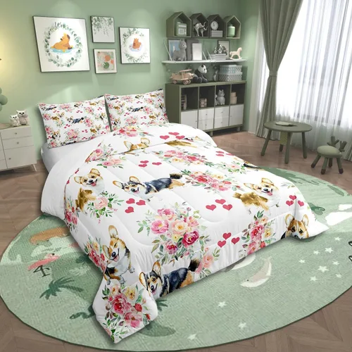 Miniatura 2 de Erosebridal Lindo juego de edredón de perro Corgi para niños y niñas, juego de ropa de cama romántico de flores rosas tamaño individual, edredón