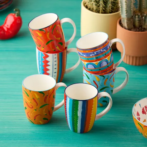 Miniatura 4 de Certified International Caliente - Tazas de 14 onzas, juego de 6, vibrantes patrones de chile y suroeste, porcelana duradera con asas cómodas