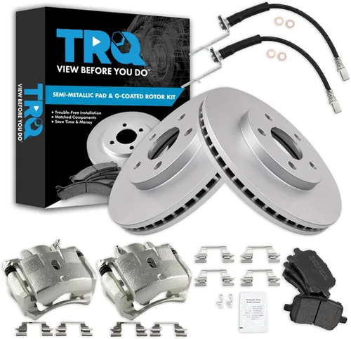 Miniatura 11 de TRQ Kit de pastillas de freno delantero y rotor, pinza de freno, manguera de freno, rotor de freno, semimetálico, revestimiento G, compatible