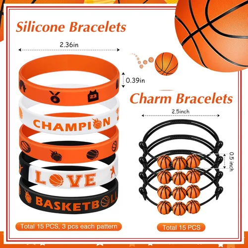 Miniatura 2 de Aoriher Regalos de fiesta deportiva de baloncesto para niños, 15 juegos de pulseras deportivas de silicona, mini bola antiestrés, llavero temporal