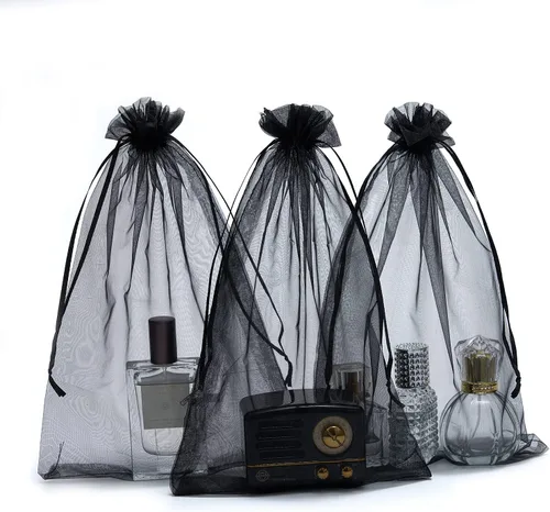 25 bolsas de organza con cordón de 8 x 12 pulgadas, regalo de fiesta de boda, juguetes, bolsas de maquillaje, bolsa de regalo Negro