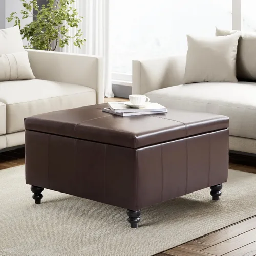 Miniatura 2 de HUIMO Otomana cuadrada de cuero para almacenamiento, mesa de centro otomana con almacenamiento para sala de estar (marrón)