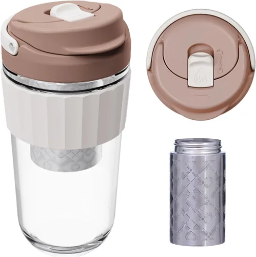 Miniatura 7 de Taza de café de vidrio a prueba de fugas con tapa de bloqueo, taza de café reutilizable de 17 onzas con filtro de acero inoxidable, infusor de té