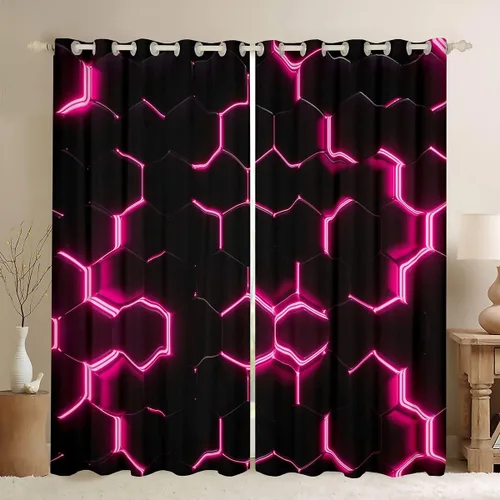 Miniatura 40 de Feelyou - Cortinas de ventana en forma de panal, tema geométrico hexagonal con luces de neón verdes, para chicos adolescentes y hombres, elegante