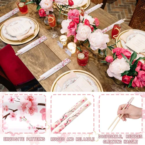 Miniatura 3 de 50 pares de palillos de flor de cerezo a granel con funda azul, palillos desechables de bambú de eucalipto, favores de boda, suministro de comida