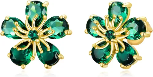 MUUYON Aretes tipo dormilona de oro macizo de 14 quilates con diseño de esmeralda y flor de oro real, regalo elegante para ella
