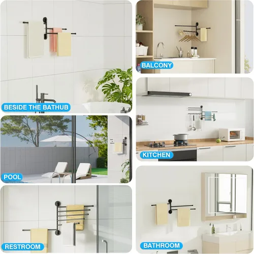 Miniatura 8 de Alise Toallero giratorio, plegable de 6 brazos, toallero de mano para baño, estantes de secado de montaje en pared para lavandería, soporte de Negro