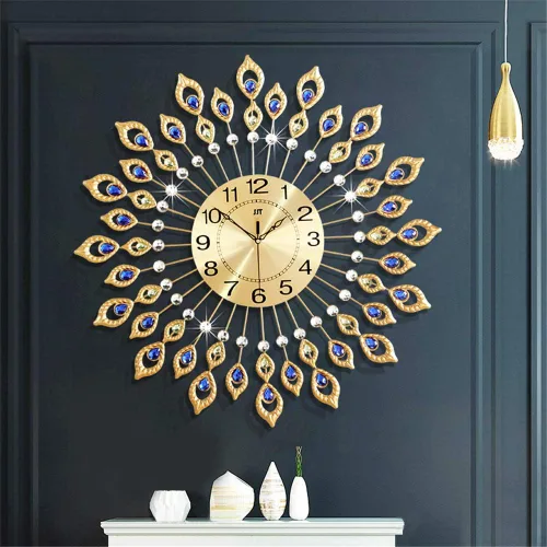 Reloj de pared grande y moderno para decoración de sala de estar, reloj de pared de cristal decorativo de 24 pulgadas estilo pavo real, operado con