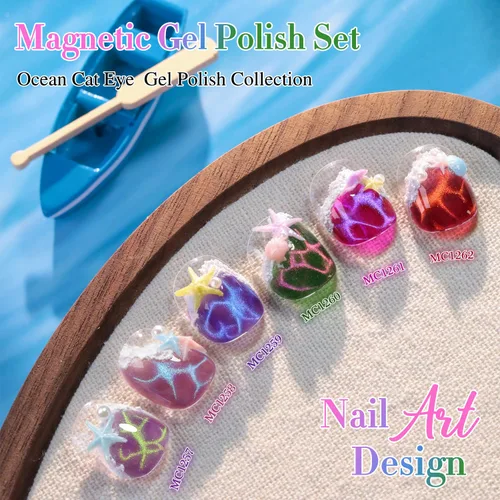 Miniatura 9 de Double Rhythm - Juego de esmalte de uñas de gel ojo de gato de 6 unidades, mismo color, misma botella, 14.8 ml, brillo con glitter, con imán
