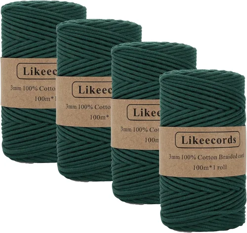 Miniatura 20 de Cordón de Algodón Trenzado 3mm x 109 yardas - Cuerda de Macramé Colorida para Manualidades, Ganchos, Colgantes de Pared - 100% Algodón Natural