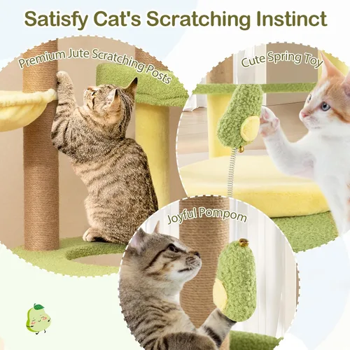 Miniatura 4 de PETSITE Árbol para gatos con temática de aguacate de 51 pulgadas, torre moderna de varios niveles con postes rascadores de yute, juguete colgante