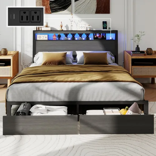 Miniatura 11 de Base de cama tamaño Queen con 4 cajones de almacenamiento y cabecero con estación de carga y luces LED, 2 niveles de almacenamiento de cabecera