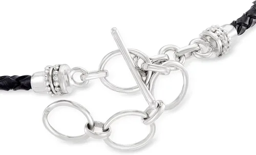 Miniatura 3 de Ross-Simons Pulsera de piel negra y ónix negro en plata de ley. 7 pulgadas, Plata de ley, ónix negro, Ónix