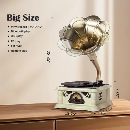 Miniatura 2 de Reproductor de Discos Gramófono Vintage, Fonógrafo Retro de Vinilo, Tocadiscos de Vinilo con Cuerno para DJ, Reproductor de Gramófono Decorativo