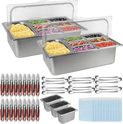 Miniatura 10 de Pizza Topping Station 7 sartenes, barra de ensalada, estación de buffet, servidor de bufé de alimentos fríos con tapas de bolsas de hielo, juego