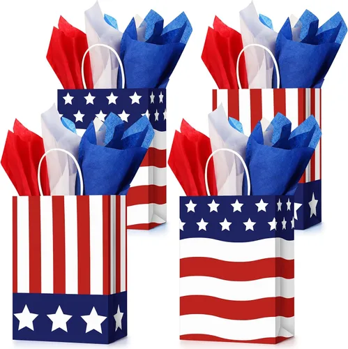 Tisancy 30 bolsas de regalo patrióticas con asa con 30 piezas de papel de seda rojo, blanco y azul, 4 de julio, bandera estadounidense, bolsas de