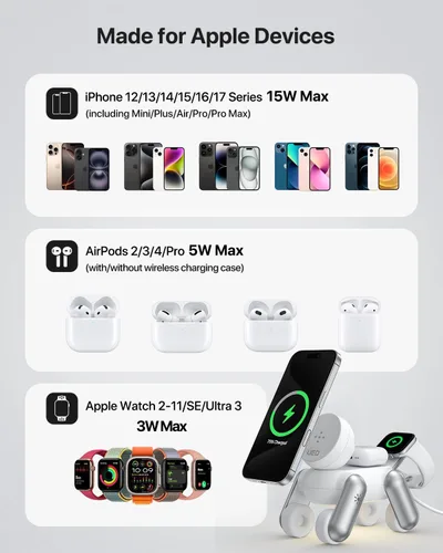 Miniatura 9 de UEQ Estación de carga inalámbrica 3 en 1 para dispositivos Apple, soporte de cargador inalámbrico plegable con luz nocturna para iPhone 17 Air 16 15