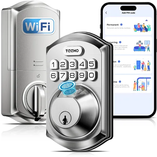 TEEHO TE012W - Cerradura inteligente WiFi, cerradura de puerta de huellas dactilares con Wi-Fi integrado, teclado de entrada sin llave, cerrojo
