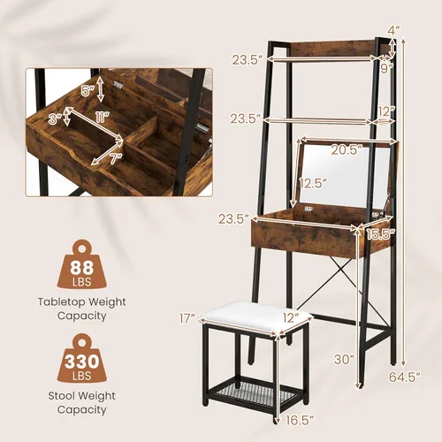 Miniatura 6 de COSTWAY Juego de escritorio con espejo abatible, mesa de tocador con escalera y taburete acolchado con 4 compartimentos de almacenamiento, pequeño
