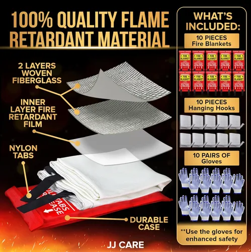 Miniatura 2 de JJ CARE Manta contra incendios – 10 paquetes con ganchos y guantes – Manta de emergencia contra incendios para el hogar y la cocina, mantas