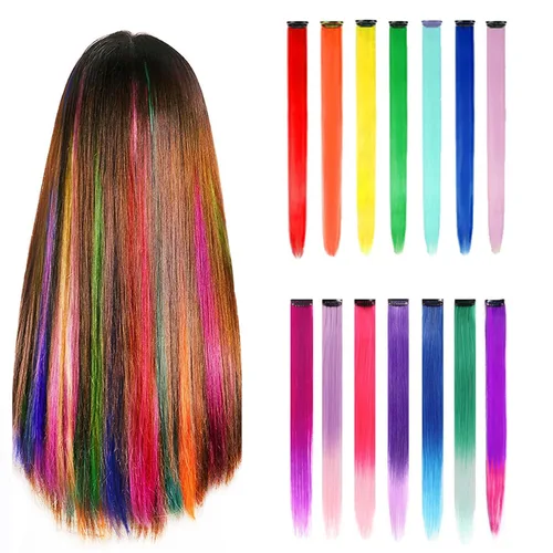 Miniatura 6 de 24 extensiones de cabello con clip de color, 22 pulgadas de largo, lacio, sintético, multicolor, resaltado para fiestas, para mujeres y niñas