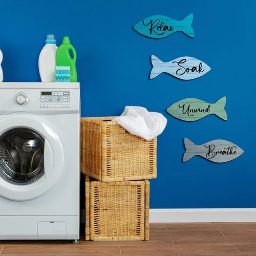 Miniatura 7 de 4 piezas de decoración de pared de peces de madera para playa, baño, decoración de pared costera, decoración de verano para el hogar, spa y baño