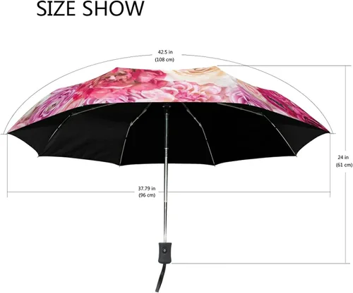 Miniatura 3 de Paraguas plegable auto abierto compacto sol lluvia paraguas rosa flores rosa para mujeres hombres niños viaje sombrilla sol protección UV viento