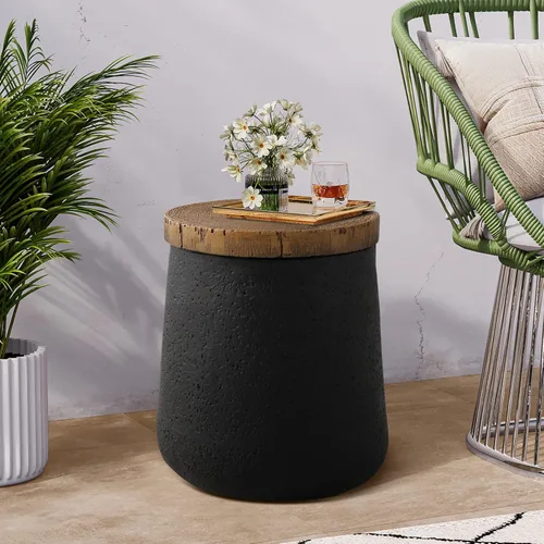 Miniatura 5 de COSIEST Mesa auxiliar de tambor con forma de cilindro de hormigón con parte superior de madera sintética, mesa de acento negra para exteriores