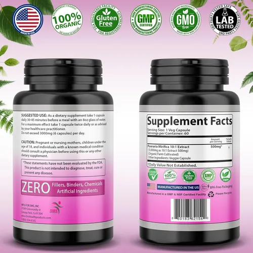 Miniatura 5 de Pechos más grandes por SMS, sin rellenos, polvo de extracto de raíz Pueraria Mirifica de 500 mg, suplemento de hierbas naturales orgánicas, apoyo al