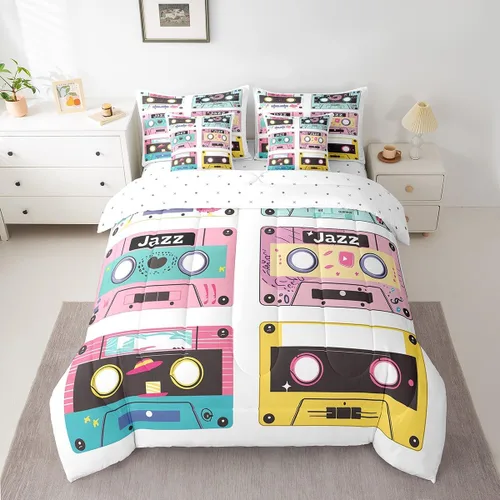 Miniatura 14 de Erosebridal Juego de ropa de cama de cassette vintage de los años 80 y 90, juego de edredón de 7 piezas para niños y adultos, retro, amarillo