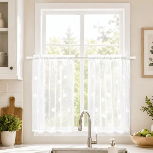 Miniatura 22 de VOGOL Juego de cortinas transparentes bordadas y cenefas para sala de estar, con bolsillo para barra blanca, par de cortinas traslúcidas