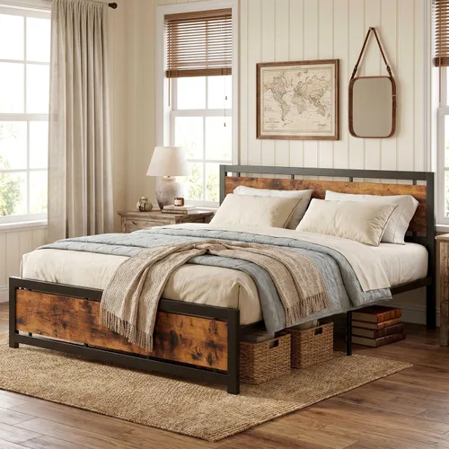 Miniatura 3 de Base de cama king LIKIMIO con cabecera y pie de cama, soportes metálicos resistentes, fácil montaje, libre de ruidos, no necesita somier
