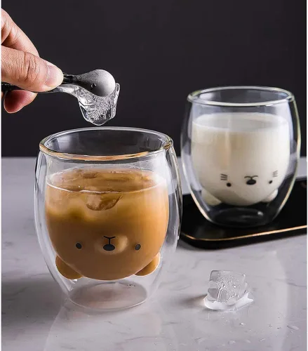 Miniatura 7 de Binoster Tazas Lindas de Oso Kawaii de Vidrio de Doble Pared para Café y Té, Taza de Yogur Divertida, Regalo Novedoso para Mujeres, Sus Amigas