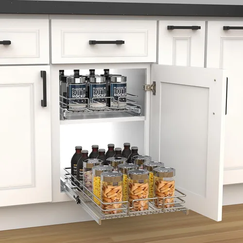 Miniatura 8 de Organizador de gabinete extraíble, estante deslizante de metal resistente para armarios de cocina, cromado, no incluye accesorios de puerta