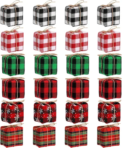 Miniatura 8 de Chivao 24 piezas de adornos para árbol de Navidad, mini regalos para manualidades, adornos en miniatura con cuadros de búfalo, adornos colgantes