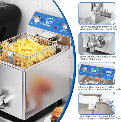 Miniatura 5 de TOPKITCH Freidora Eléctrica de 6.3 Qt con Drenaje de Aceite, Temporizador de 30 Minutos, Tanque de Aceite con Formación por Estiramiento, Tapa