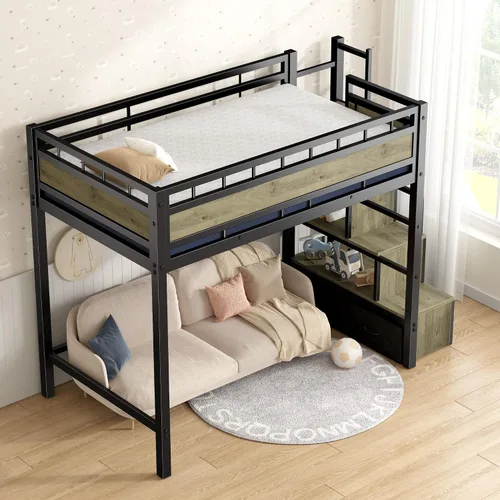Miniatura 3 de soges Cama loft de tamaño twin con colchón incluido, cama alta todo en uno para niños y adultos, con escaleras y cajones de almacenamiento, base
