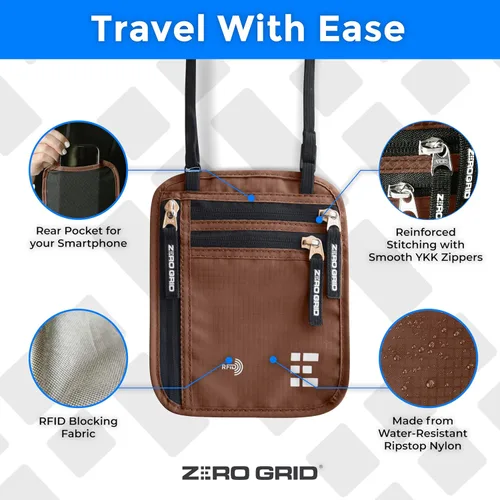 Miniatura 17 de Cartera para el cuello para viajes y pasaporte con bloqueo RFID, delgada y fácil de ocultar, bolsa de viaje de nailon para hombres y mujeres