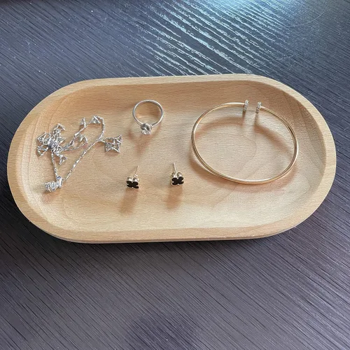 Miniatura 2 de Juego de 2 mini bandejas para servir joyas y monedas, bandeja ovalada de madera natural para postres, plato pequeño de queso de madera, bandeja