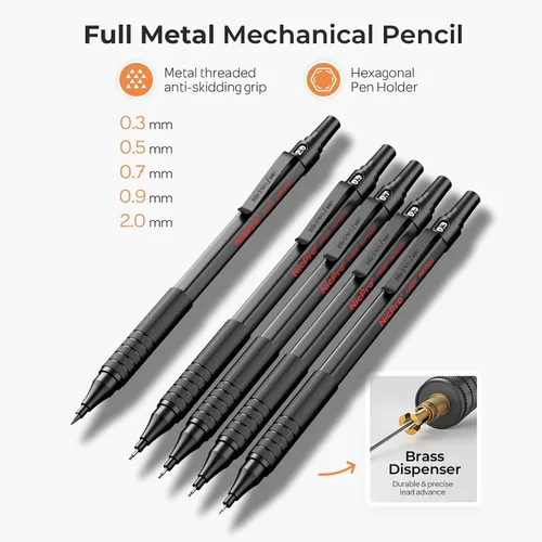 Miniatura 2 de Nicpro - Juego de 20 portaminas metálicos negros en estuche de cuero, lápices de dibujo de 0.01 pulgadas, 0.02 pulgadas, 0.03 pulgadas, 0.035