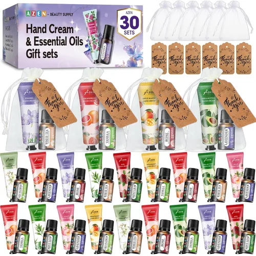 AZEN 30 juegos de regalos a granel, crema de manos y aceites esenciales a granel con bolsa de organza, tarjeta de agradecimiento, regalos de baby