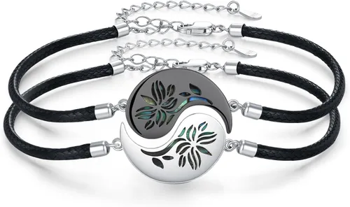 Yin Yang - Pulsera de plata de ley 925 para parejas, árbol de la vida, luna de sol, montaña, abulón de loto, joyería para mujeres, hombres, parejas,