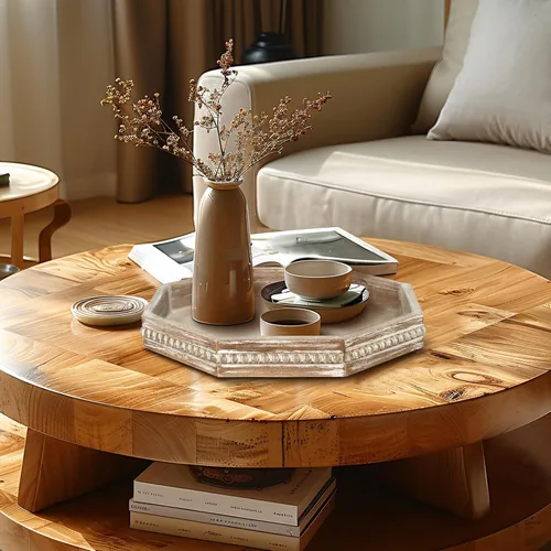 Miniatura 5 de MAONAME Bandeja de Madera para Servir, Bandeja de Madera Estilo Granja con Cuentas, Bandeja Octogonal para Servir Blanca Lavada, Bandeja de Mesa