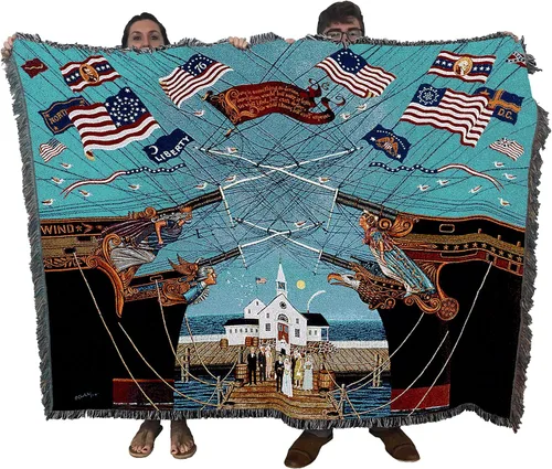 Pure Country Weavers Manta de matrimonio Dockside por Charles Wysocki - Tapiz de regalo de playa costera de Estados Unidos temprano de América