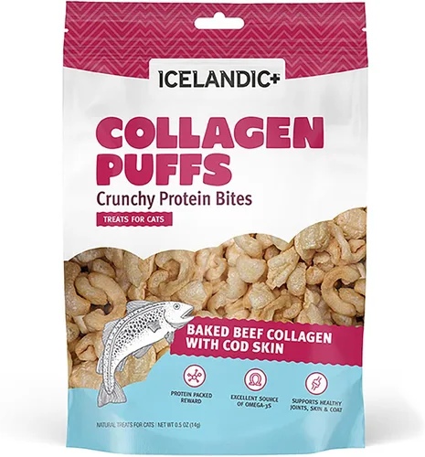 Icelandic+ Colágeno Puffs: Colágeno de res al horno con piel de bacalao, bolsa de 0.5 onzas, golosinas para gatos, bocadillos crujientes de