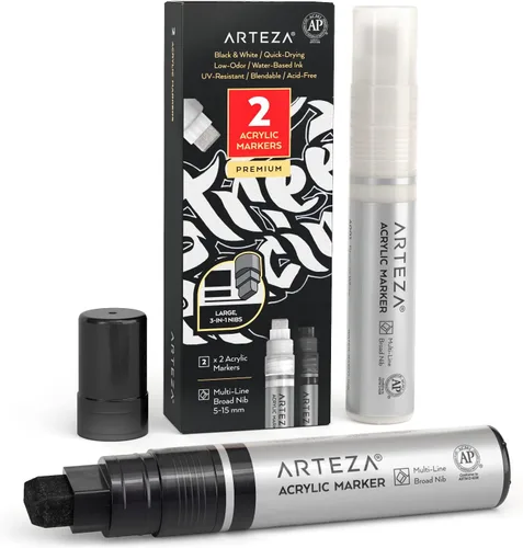 Miniatura 6 de ARTEZA Bolígrafos de pintura acrílica, paquete de 2, negro, punta multilínea 3 en 1, línea de 5 a 0.591 in, marcadores de pintura resistentes a