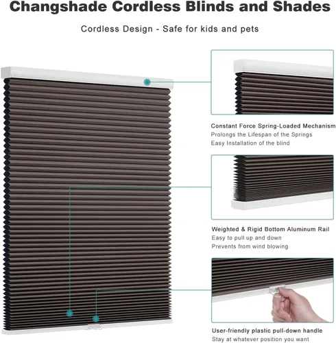 Miniatura 3 de Changshade Persianas celulares opacas sin cordones, persianas opacas de panal para ventanas, persianas plisadas que se bajan tirando, fáciles