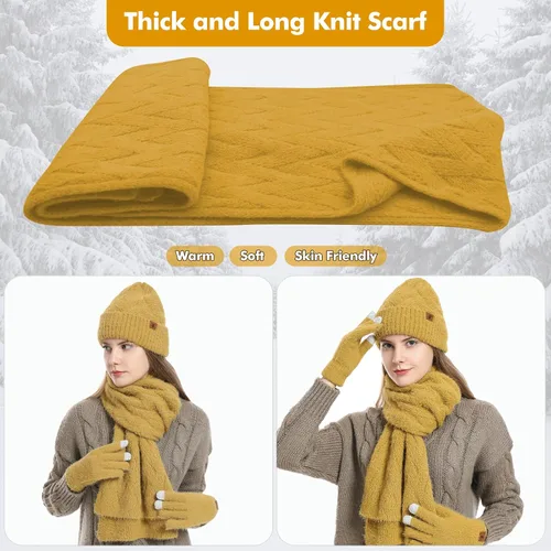 Miniatura 4 de Gorro de punto de invierno para mujer con guantes para pantalla táctil, gorro de pompón, bufandas para el cuello para hombres