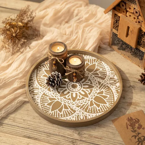 Miniatura 2 de Hanobe Bandeja decorativa redonda para mesa: bandejas de mesa de café boho para decoración del hogar – Medio siglo Farmhouse Circle Wood Serving